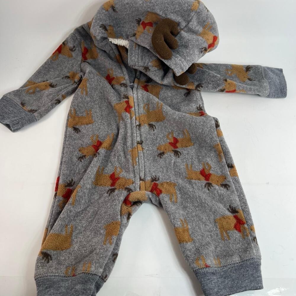 Baby Fleece Romper 3M Gray Reindeer Hooded Sherpa Lined Zip